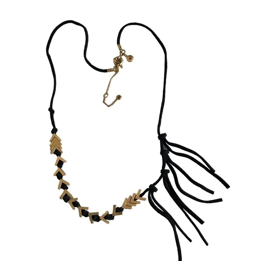 Madewell Black Suede Arrow‎ Chevron Necklace Gold Fringe Boho Tassels - Picture 1 of 4